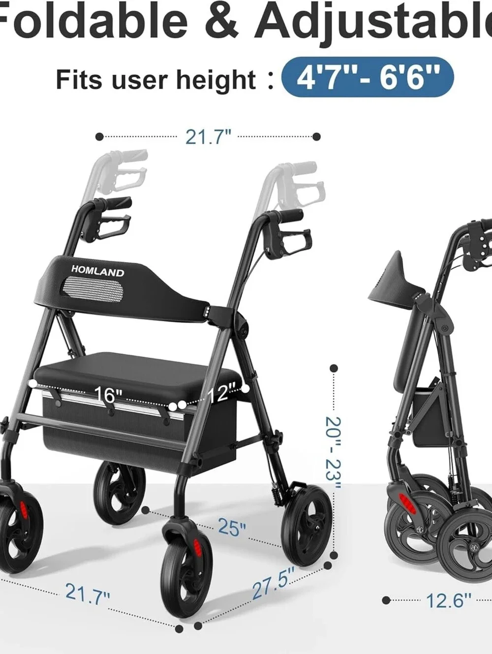HOMLAND Foldable Rollator Walkers with Seat for Seniors, 8'' Big Wheels, 350 lb.